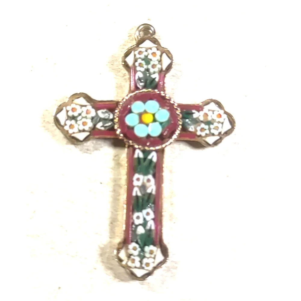 Italy Cross Pendant Gold Tone Enamel Red Blue White Feminine Religious Church